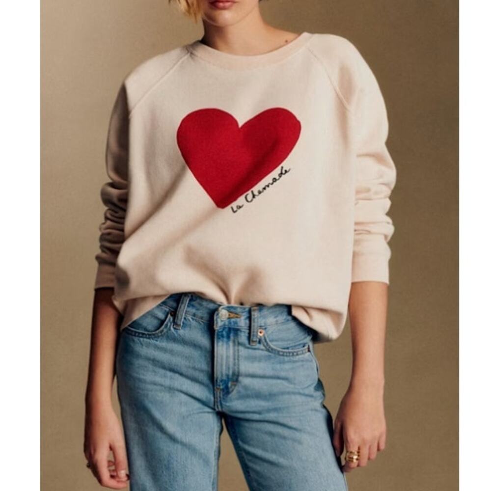 Sezane La Chamade Sweatshirt Cream Red Heart Pullover Crew Neck Women's M